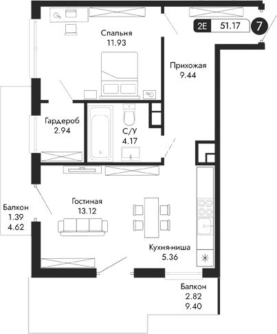 Планировка — Парковая Резиденция, 2-комн., 47 м²