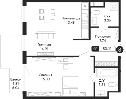 Планировка — Парковая Резиденция, 2-комн., 48 м²