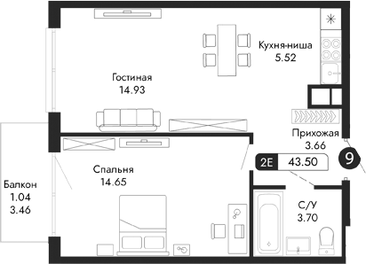 Планировка — Парковая Резиденция, 2-комн., 42 м²