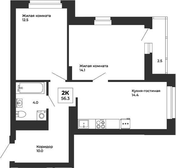 Планировка — Белая Башня, 2-комн., 55 м²