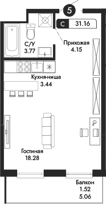Планировка — Парковая Резиденция, Студия, 30 м²