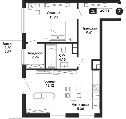 Планировка — Парковая Резиденция, 2-комн., 47 м²
