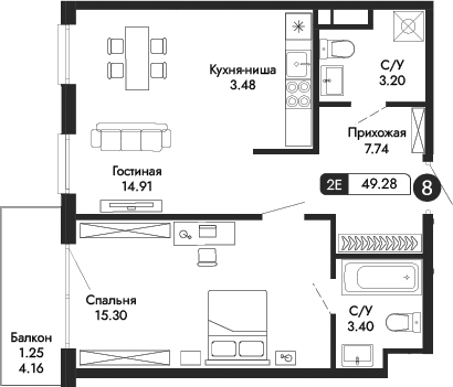 Планировка — Парковая Резиденция, 2-комн., 48 м²