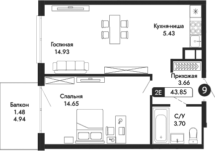 Планировка — Парковая Резиденция, 2-комн., 42 м²