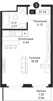 Планировка — Парковая Резиденция, Студия, 30 м²