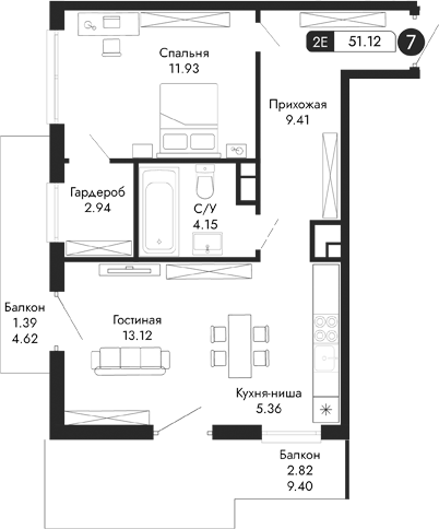 Планировка — Парковая Резиденция, 2-комн., 47 м²