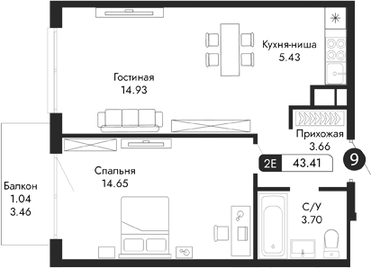 Планировка — Парковая Резиденция, 2-комн., 42 м²