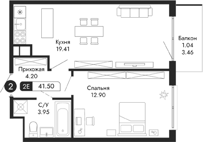 Планировка — Парковая Резиденция, 2-комн., 40 м²