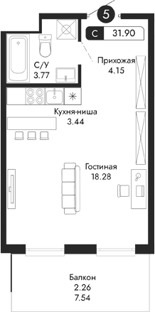 Планировка — Парковая Резиденция, Студия, 30 м²