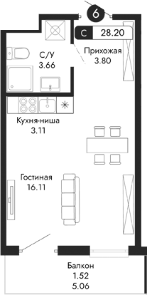 Планировка — Парковая Резиденция, Студия, 27 м²