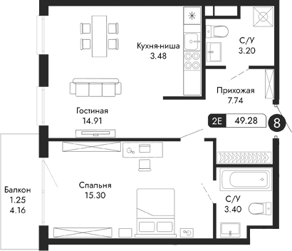 Планировка — Парковая Резиденция, 2-комн., 48 м²
