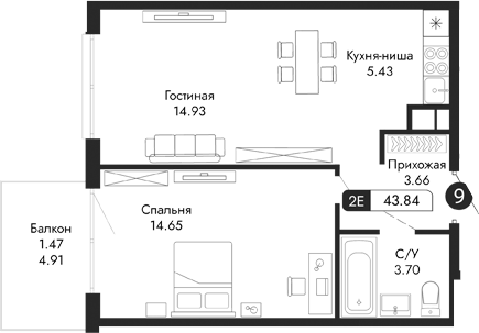 Планировка — Парковая Резиденция, 2-комн., 42 м²