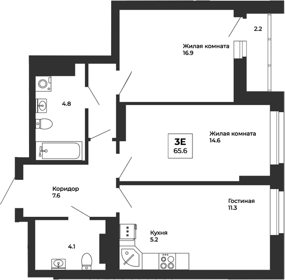 Планировка — Белая Башня, 3-комн., 65 м²