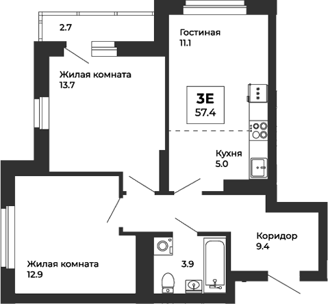 Планировка — Белая Башня, 3-комн., 56 м²