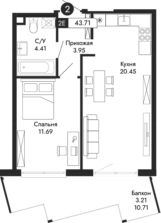 Планировка — Парковая Резиденция, 2-комн., 41 м²