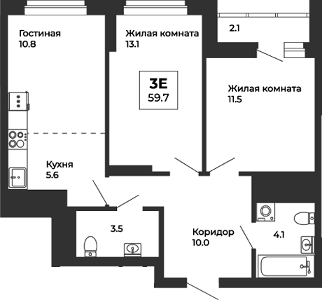 Планировка — Белая Башня, 3-комн., 59 м²