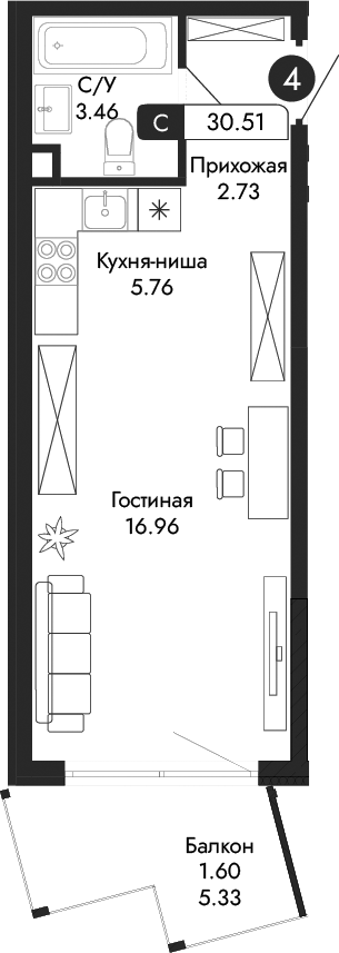 Планировка — Парковая Резиденция, Студия, 29 м²