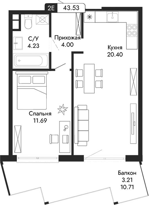 Планировка — Парковая Резиденция, 2-комн., 40 м²
