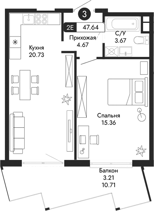 Планировка — Парковая Резиденция, 2-комн., 44 м²