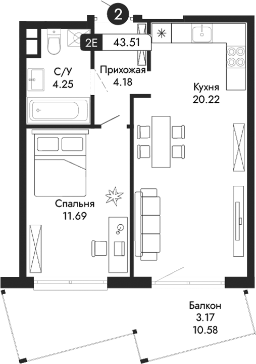 Планировка — Парковая Резиденция, 2-комн., 40 м²