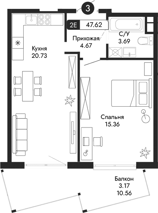 Планировка — Парковая Резиденция, 2-комн., 44 м²