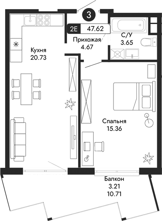 Планировка — Парковая Резиденция, 2-комн., 44 м²