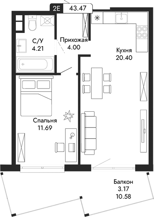 Планировка — Парковая Резиденция, 2-комн., 40 м²