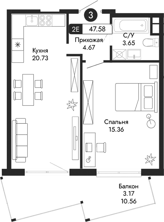 Планировка — Парковая Резиденция, 2-комн., 44 м²