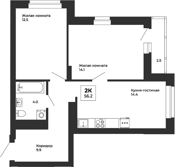 Планировка — Белая Башня, 2-комн., 55 м²