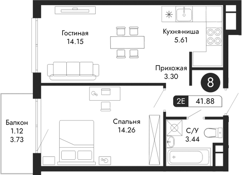 Планировка — Парковая Резиденция, 2-комн., 41 м²