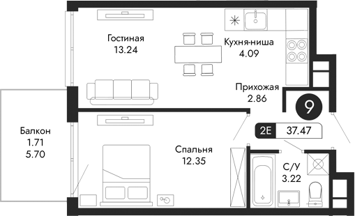 Планировка — Парковая Резиденция, 2-комн., 36 м²