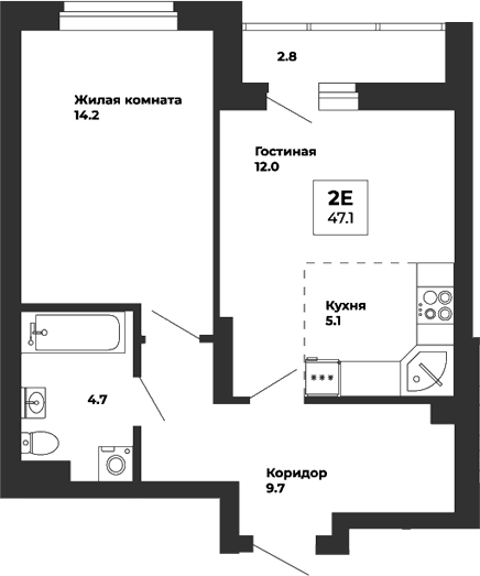 Планировка — Белая Башня, 2-комн., 46 м²