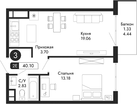 Планировка — Парковая Резиденция, 2-комн., 39 м²