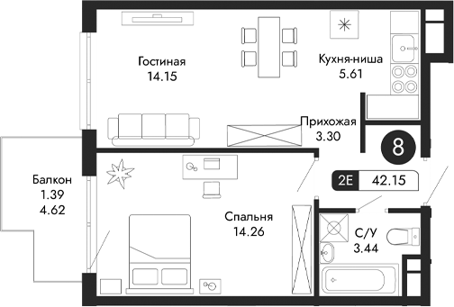 Планировка — Парковая Резиденция, 2-комн., 41 м²