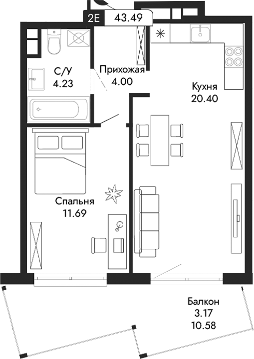Планировка — Парковая Резиденция, 2-комн., 40 м²