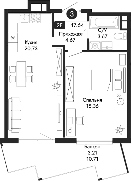 Планировка — Парковая Резиденция, 2-комн., 44 м²
