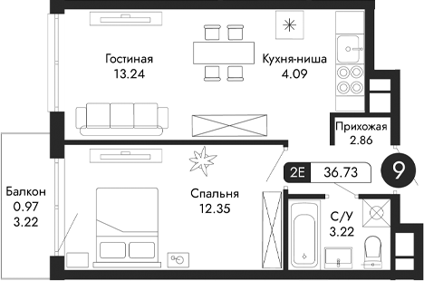 Планировка — Парковая Резиденция, 2-комн., 36 м²
