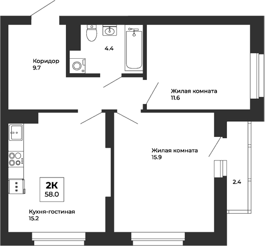 Планировка — Белая Башня, 2-комн., 57 м²