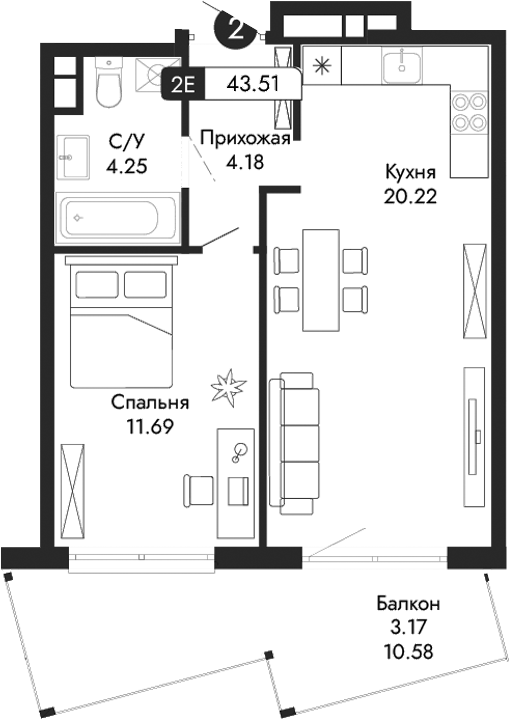 Планировка — Парковая Резиденция, 2-комн., 40 м²