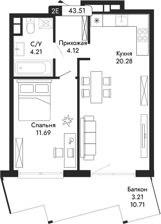 Планировка — Парковая Резиденция, 2-комн., 40 м²