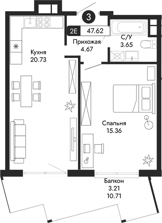 Планировка — Парковая Резиденция, 2-комн., 44 м²
