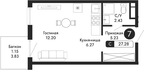 Планировка — Парковая Резиденция, Студия, 26 м²