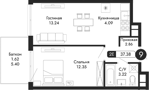 Планировка — Парковая Резиденция, 2-комн., 36 м²