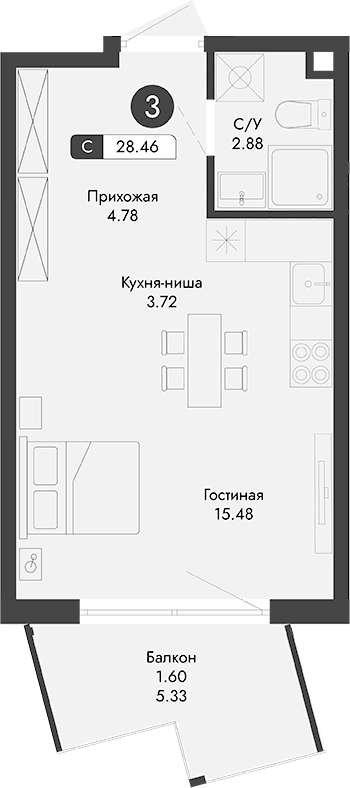 Планировка — Парковая Резиденция, Студия, 27 м²