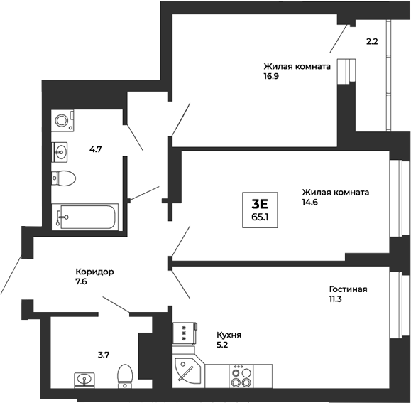 Планировка — Белая Башня, 3-комн., 64 м²