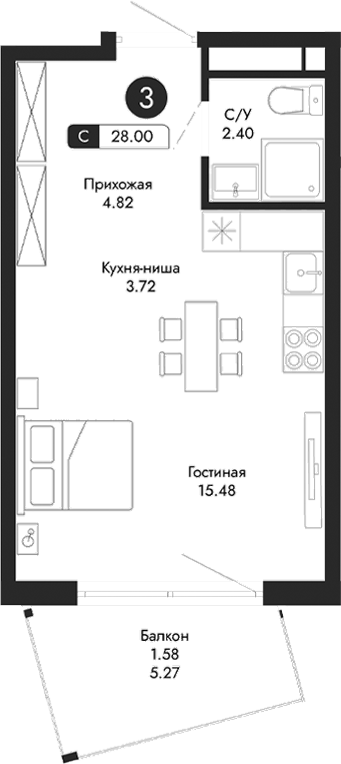 Планировка — Парковая Резиденция, Студия, 26 м²