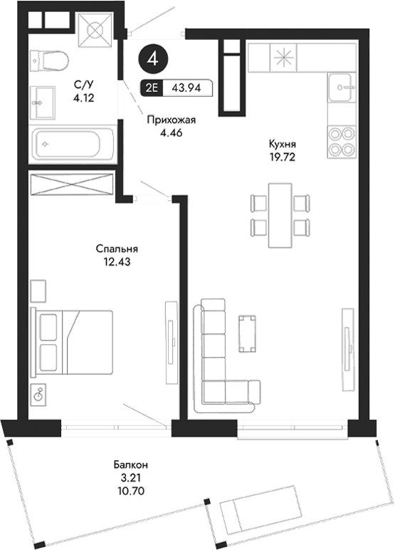 Планировка — Парковая Резиденция, 2-комн., 41 м²
