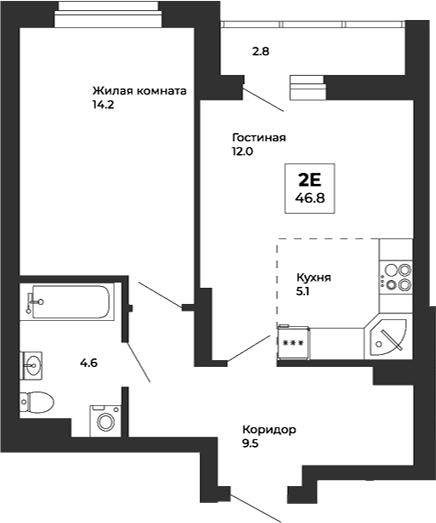 Планировка — Белая Башня, 2-комн., 45 м²