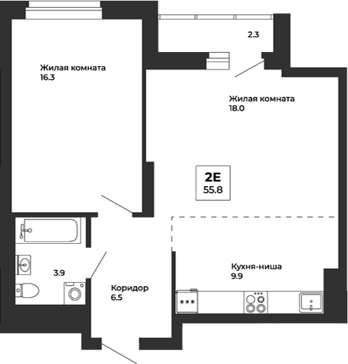 Планировка — Белая Башня, 2-комн., 55 м²