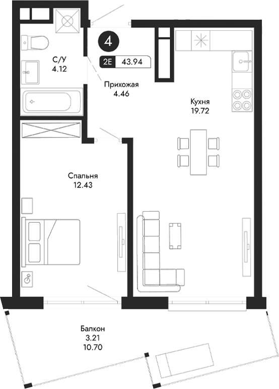 Планировка — Парковая Резиденция, 2-комн., 41 м²